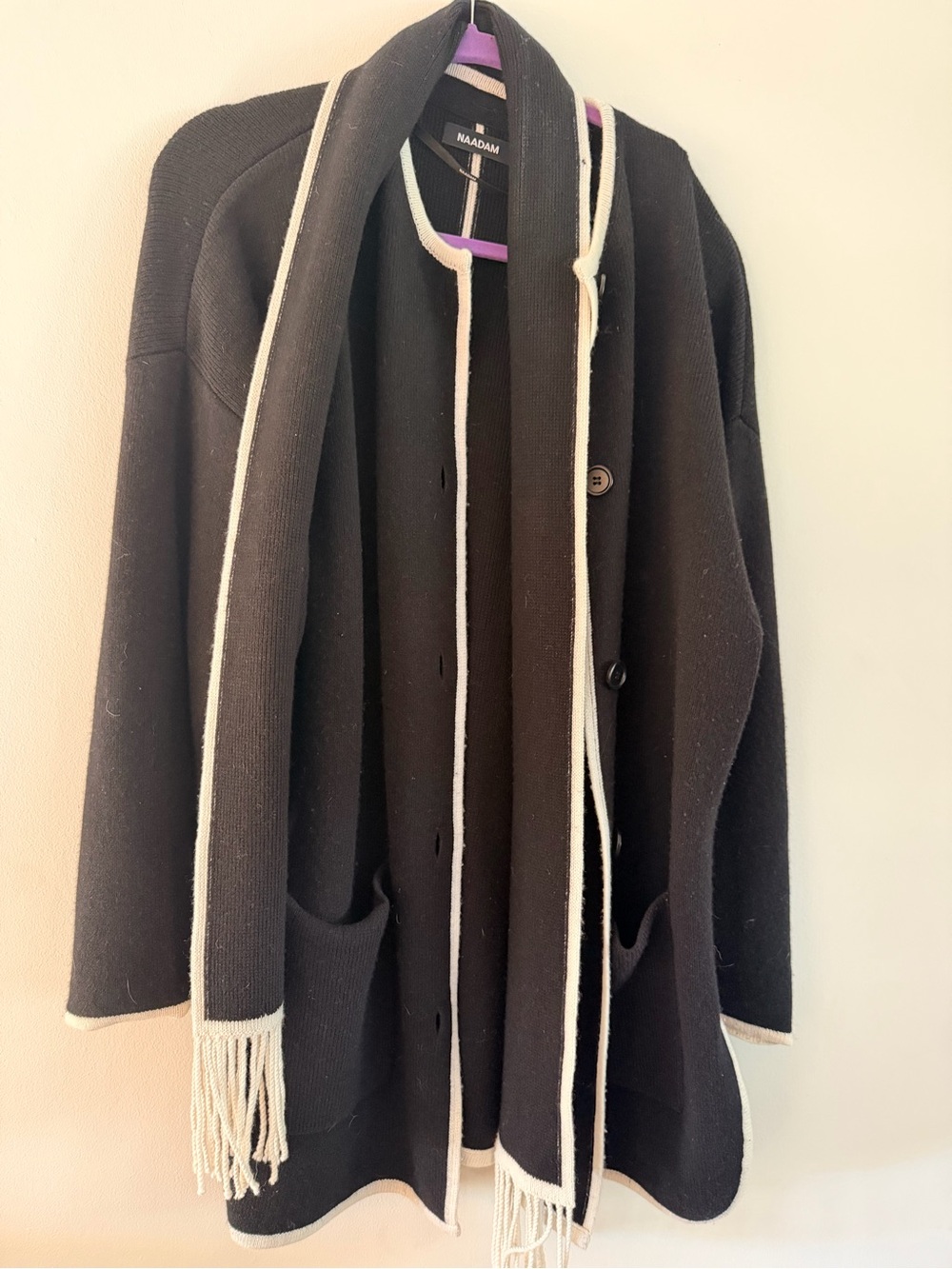 NAADAM Black Knit Coat with Ivory-Trim Scarf